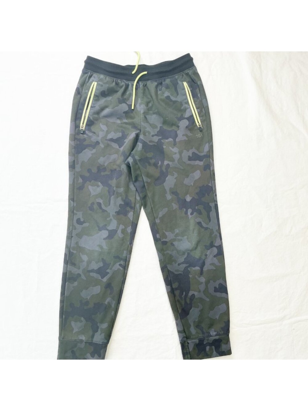 DSG Youth Medium Green Gray Camo Jogger Pants Neon Zipper Pockets & Drawstring